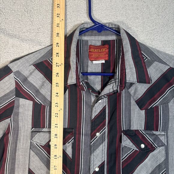 Vintage Rustler Western Shirt Men’s L Pearl Snap Gray Black X Long Tails Yoke - Picture 7 of 13